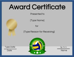 Printable volleyball certificate award