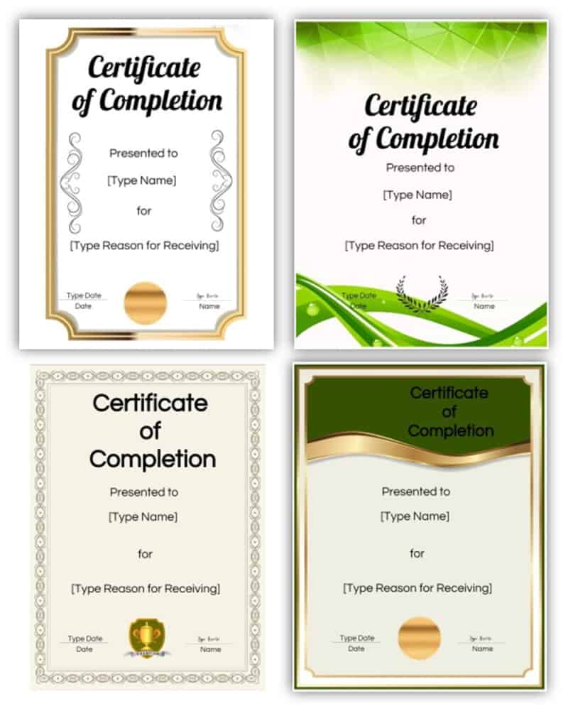 Samples of certificates of completion that you can create with this site. These samples have green and gold borders.