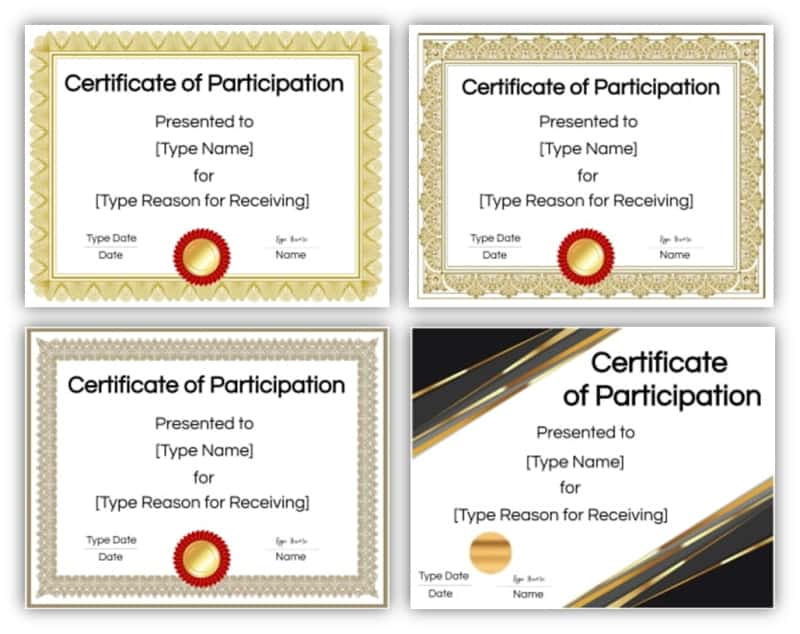 certificates of participation with gold borders and gold ribbons